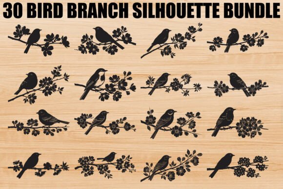 Bird Branch Silhouette Bundle Graphics