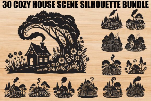 Cozy House Scene Silhouette Bundle Graphics for Editorial Use