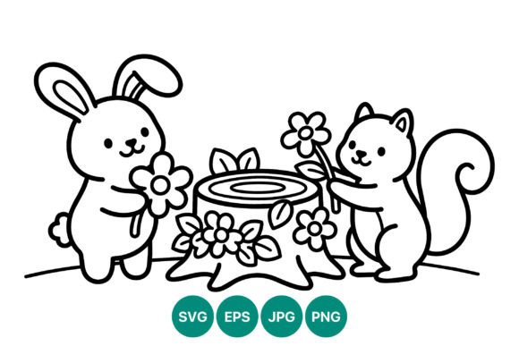 Cute Bunny and Squirrel Line Art Graphics
