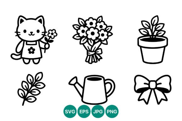 Cute Cat Flower Gardening Line Art Graphics
