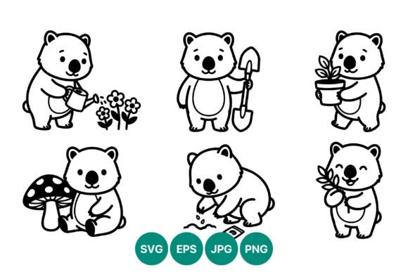 Cute Gardening Bear Vector Set Graphics