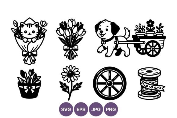 Cute Kitten and Dog Flower Garden Graphics