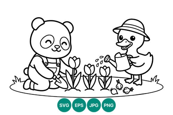 Cute Panda and Duck Planting Tulips Graphics