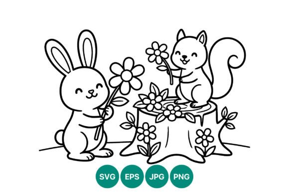 Cute Rabbit Squirrel Flower Vector Art Graphics