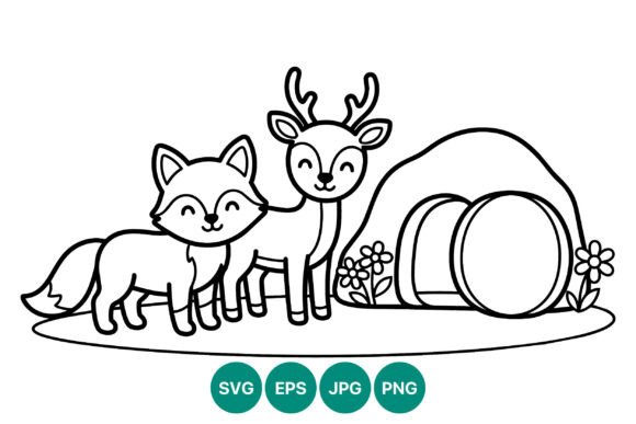 Happy Fox and Deer Line Art Graphics for Editorial Design