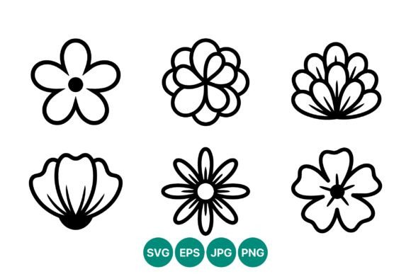 Line Art Flower Doodle Set of Six Black for Graphics and Illustrations