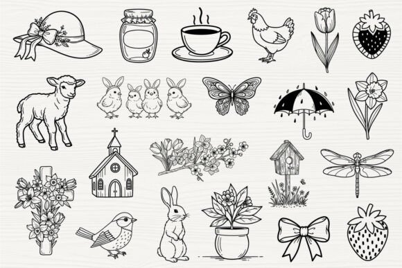 Spring Easter SVG Vintage Line Art Bundle