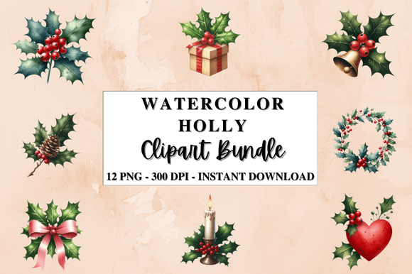 Watercolor Holly Graphics for Crafting
